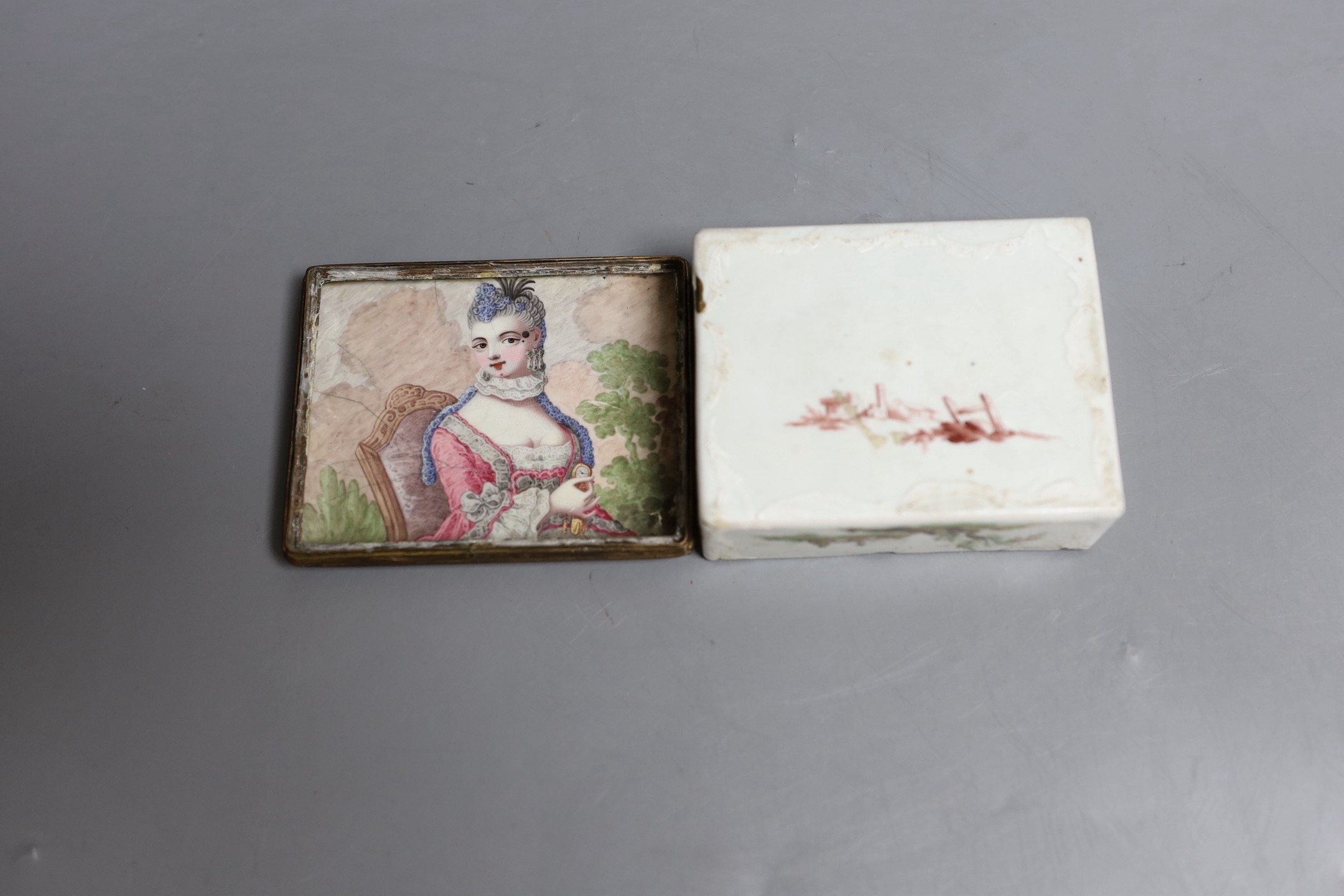 An 18th century German enamel on copper snuff box, 8.5 cms wide x x7cms